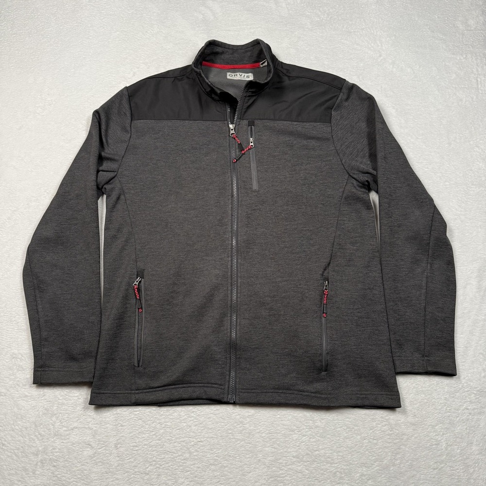 Orvis Jacket Mens Medium Gray Black Full Zip Fleece Softshell Pockets‎ Classic - Picture 2 of 8